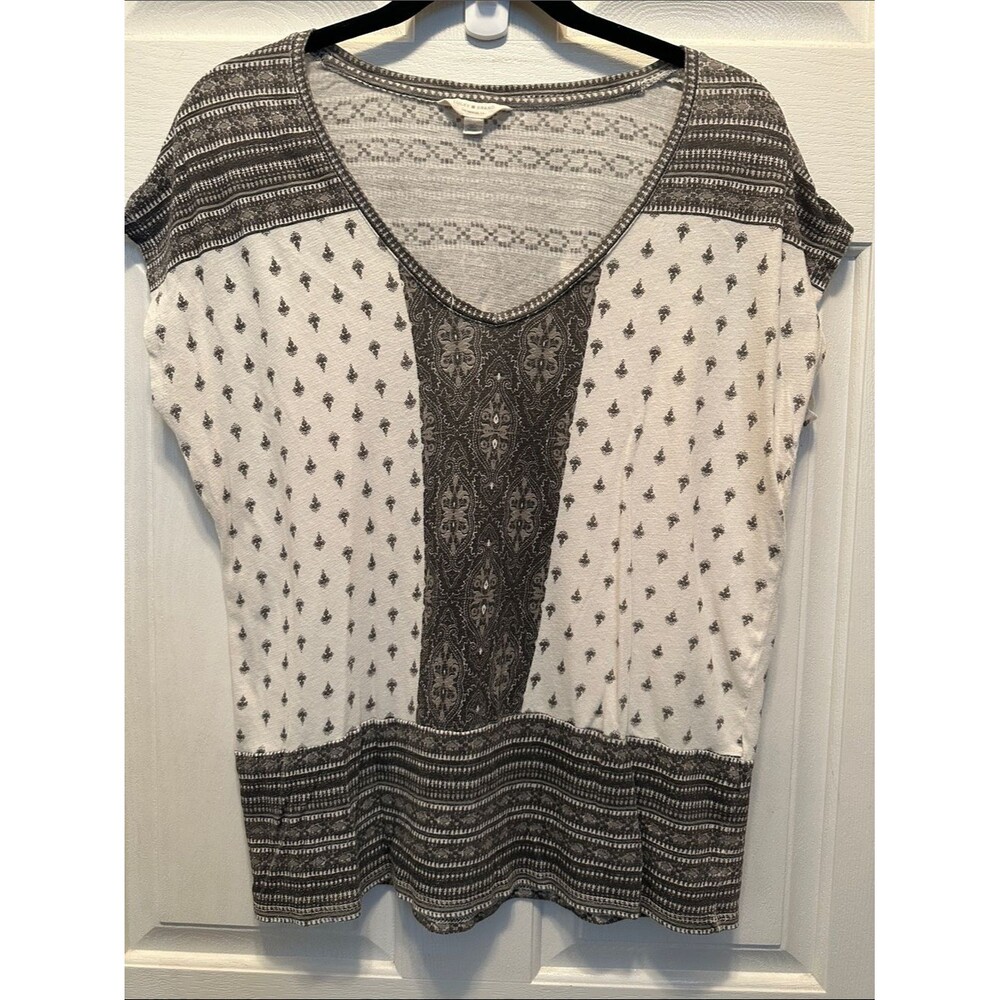Lucky Brand Cream Brown & Gray V-Neck Short Sleeve Patterned Top Size Sm